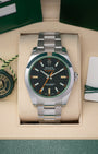 Pre owned 2019 Rolex Milgauss 40mm reference 116400GV with black dial, orange lightning bolt hand, green sapphire crystal, and Oyster bracelet at Noahs Fine Watches and Jewelry in Dallas TX