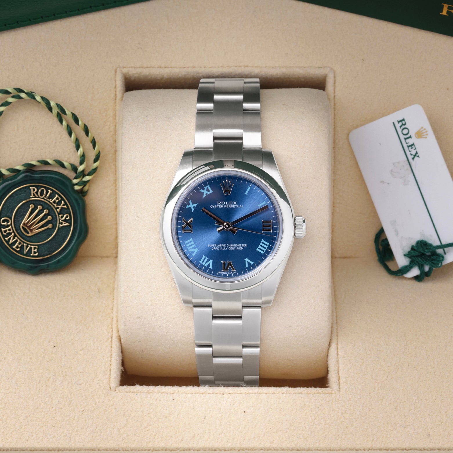 2019 Rolex Oyster Perpetual 31 177200 featuring an Azurro blue dial with Roman numerals, presented inside its official box with hang tags