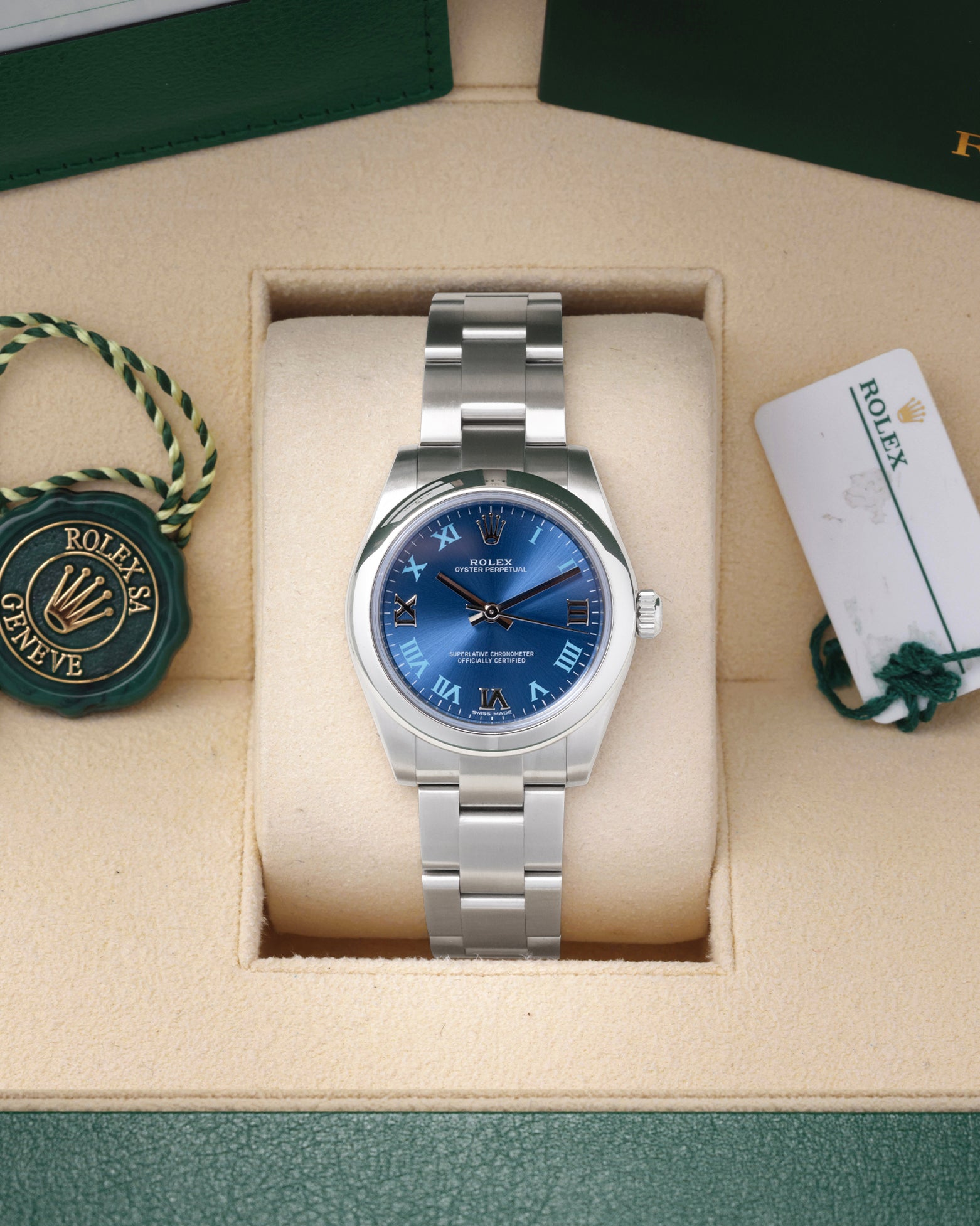 2019 Rolex Oyster Perpetual 31 177200 featuring an Azurro blue dial with Roman numerals, presented inside its official box with hang tags