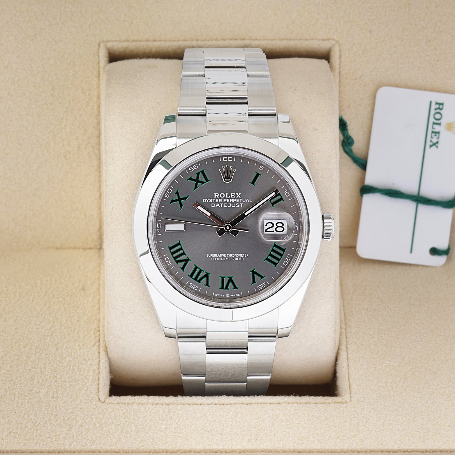 2020 Rolex Datejust 41 126300 featuring the iconic slate grey Wimbledon dial with green-bordered Roman numerals inside its box