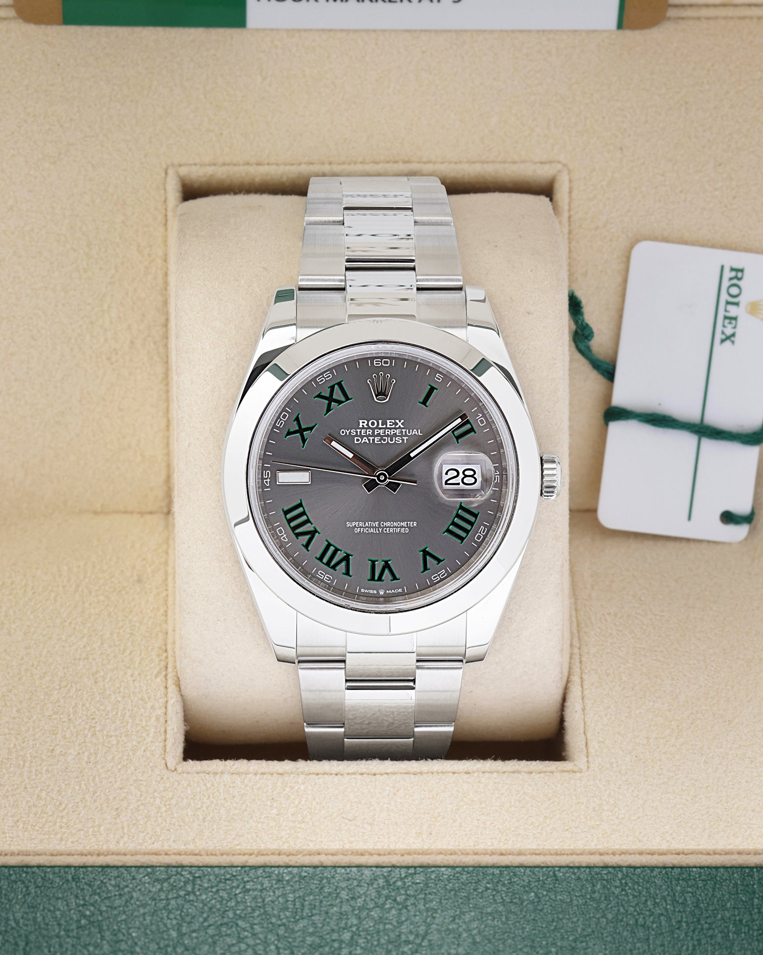 2020 Rolex Datejust 41 126300 featuring the iconic slate grey Wimbledon dial with green-bordered Roman numerals inside its box
