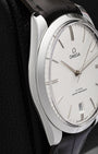 Side profile view showing the slim 40mm stainless steel case of an Omega De Ville Trésor