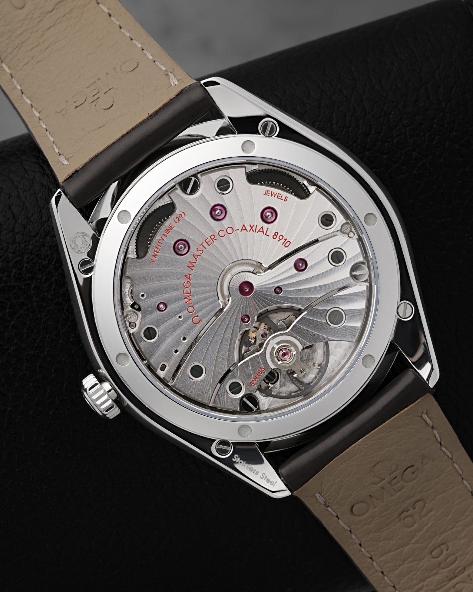 Transparent sapphire caseback revealing the manual-wind Omega Co-Axial Master Chronometer Calibre 8910 movement