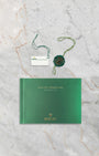 Complete set including green Rolex presentation box, Superlative Chronometer hang tag, serial tag, and Lady-Datejust manual for reference 279383RBR