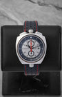 Omega Seamaster Bullhead watch with a silver dial, chronograph sub-dialsa and a black perforated leather strap