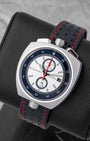 Omega Seamaster Bullhead watch with a silver dial, chronograph sub-dialsa and a black perforated leather strap
