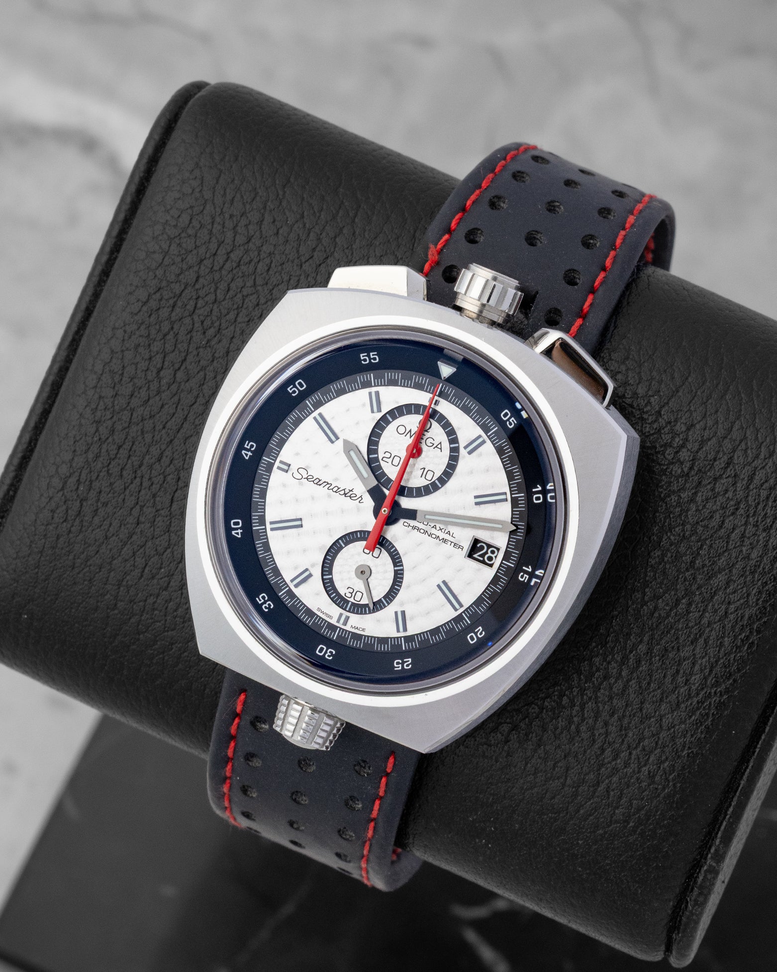 Omega Seamaster Bullhead watch with a silver dial, chronograph sub-dialsa and a black perforated leather strap
