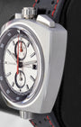 Omega Seamaster Bullhead watch with a silver dial, chronograph sub-dialsa and a black perforated leather strap