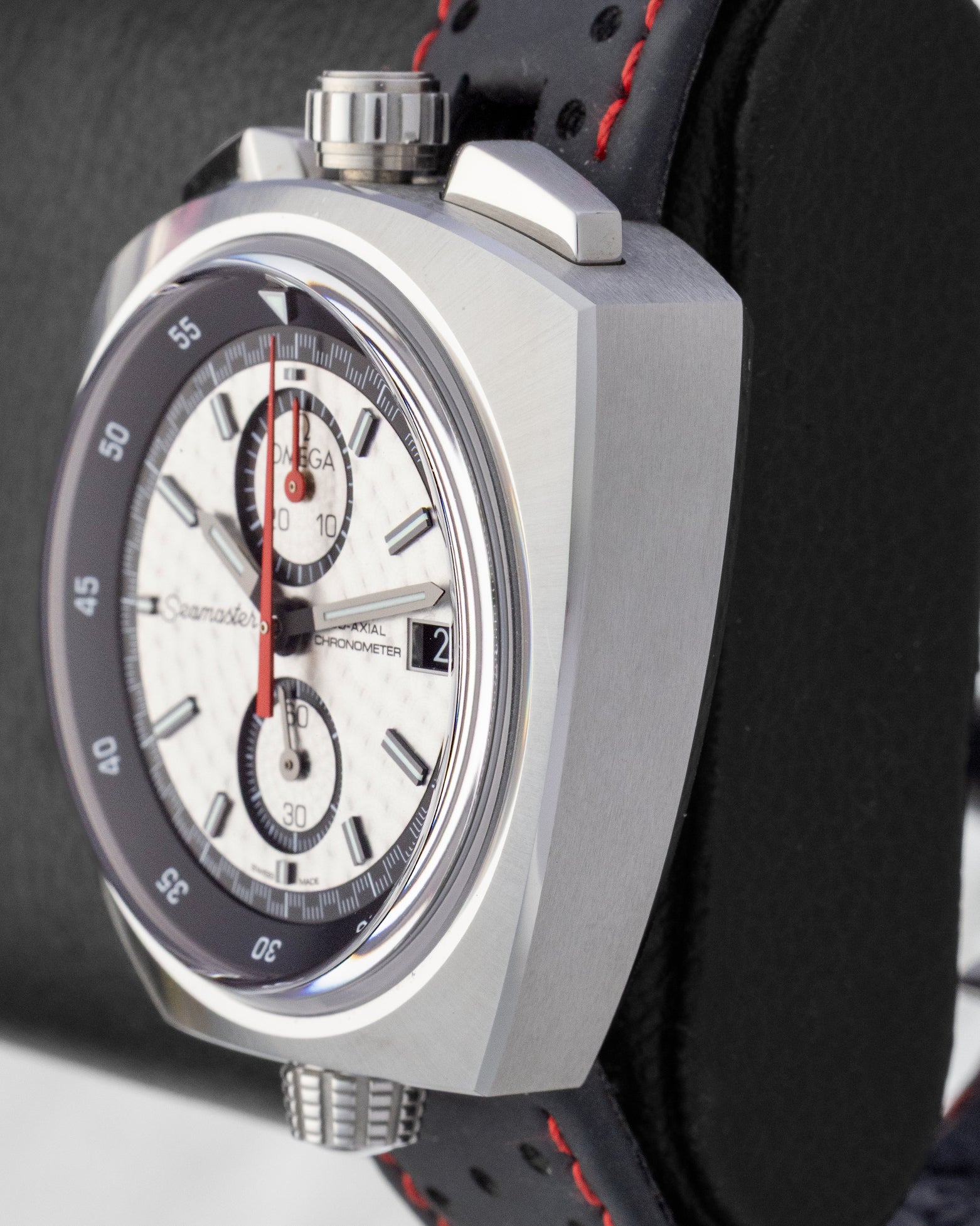 Omega Seamaster Bullhead watch with a silver dial, chronograph sub-dialsa and a black perforated leather strap