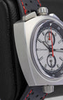 Omega Seamaster Bullhead watch with a silver dial, chronograph sub-dialsa and a black perforated leather strap