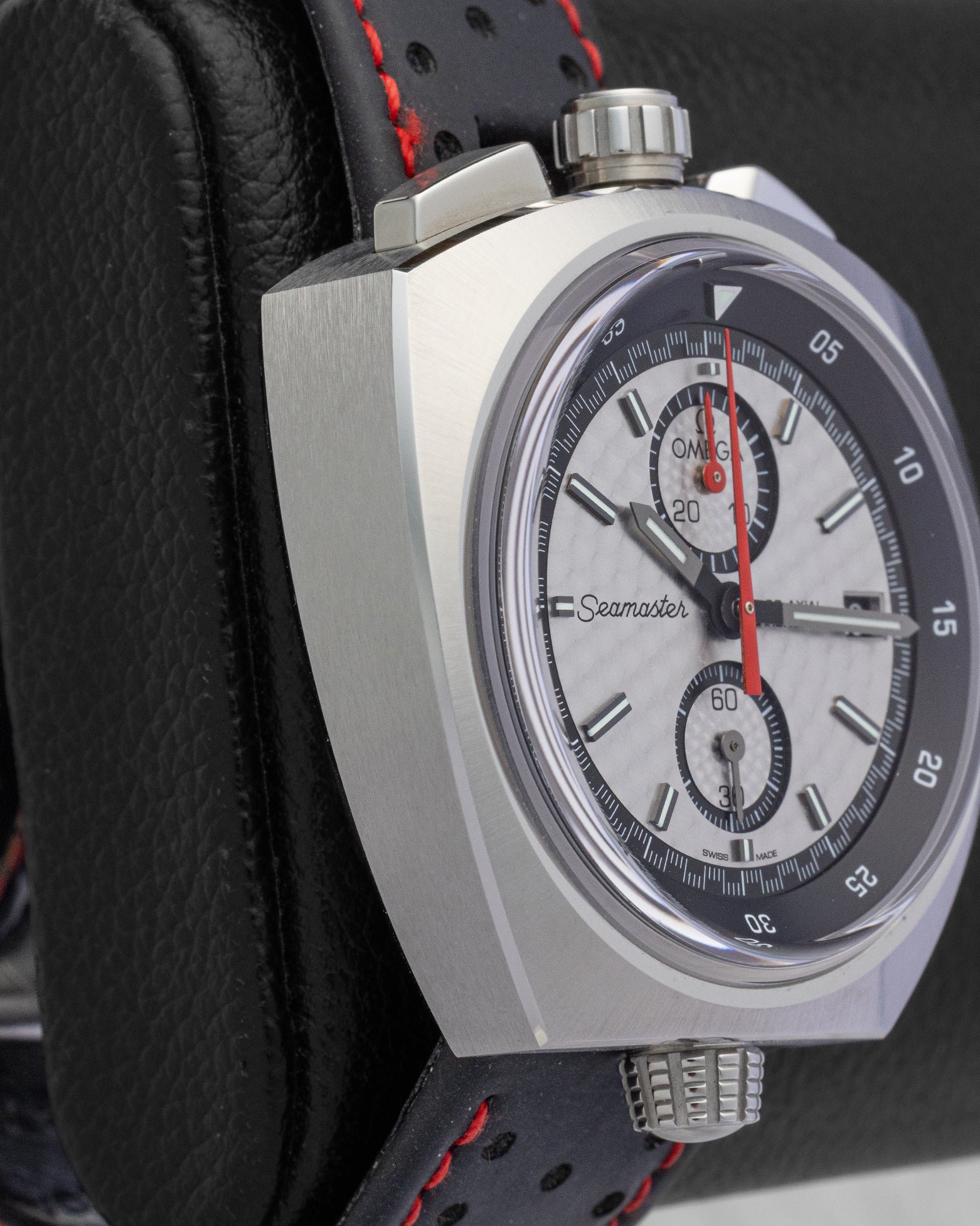 Omega Seamaster Bullhead watch with a silver dial, chronograph sub-dialsa and a black perforated leather strap