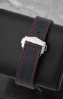 Omega Seamaster Bullhead watch with a silver dial, chronograph sub-dialsa and a black perforated leather strap