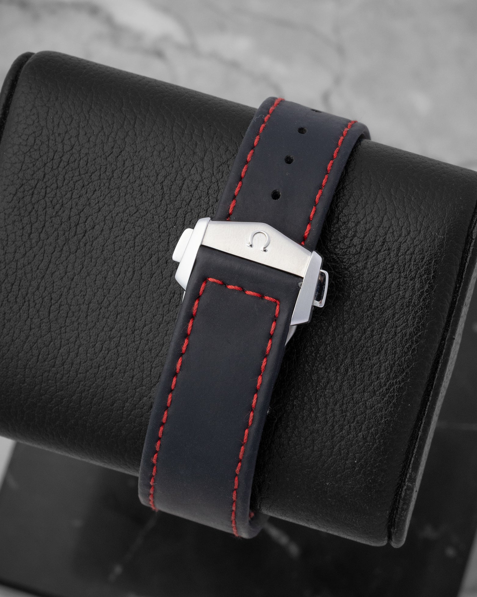 Omega Seamaster Bullhead watch with a silver dial, chronograph sub-dialsa and a black perforated leather strap