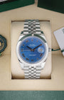 2024 Rolex Datejust 41 126300 with an Azzurro blue Roman numeral dial and smooth bezel inside its box with hang tags