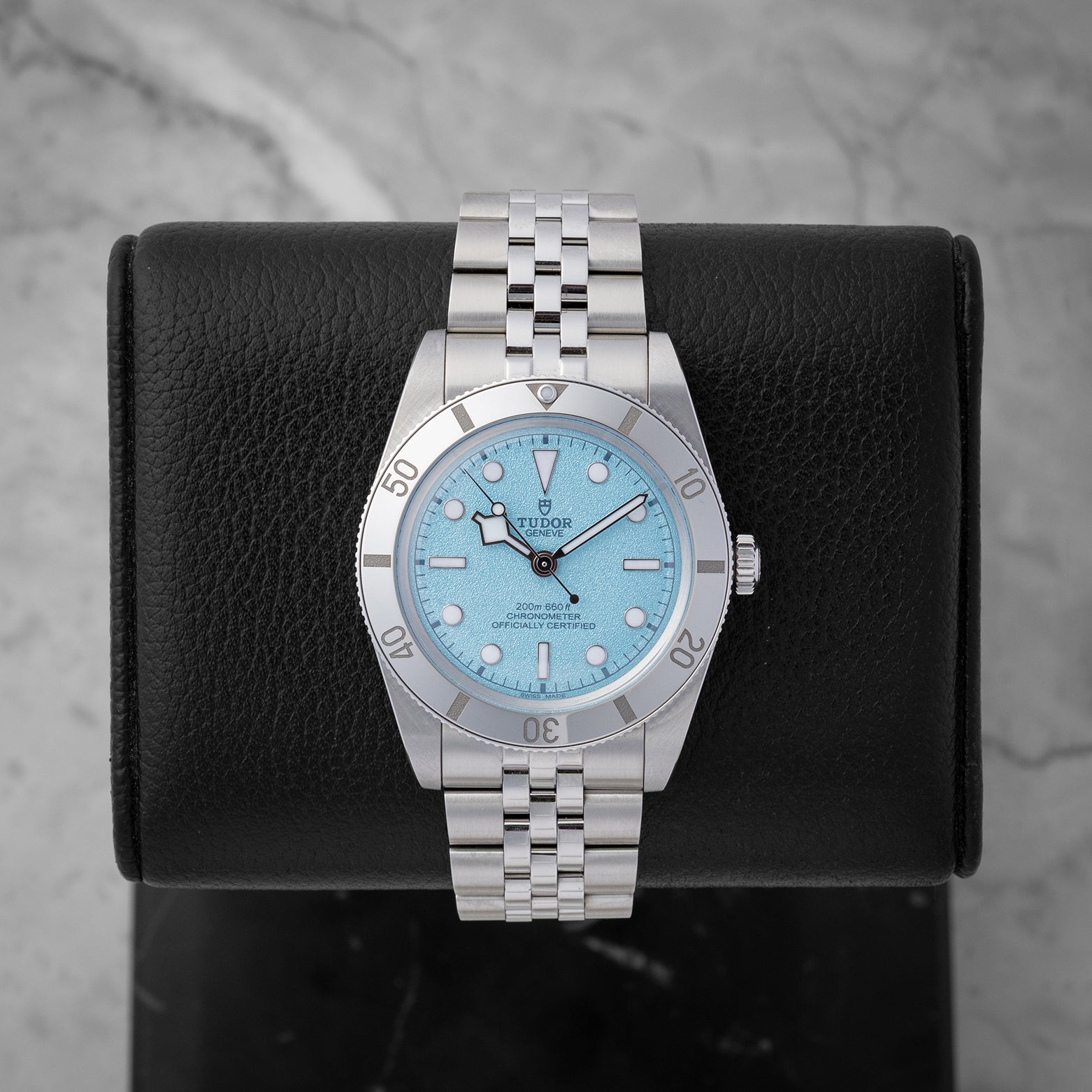 2025 Tudor Black Bay 54 M79000-0001 37mm stainless steel watch with mirror-polished steel bezel and sand-textured Lagoon Blue dial at Noah's Fine Watches and Jewelry Dallas Texas