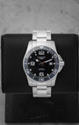 2026 Longines HydroConquest Automatic 41mm watch L3.781.4.56.6 with a black dial and ceramic bezel on a black display stand