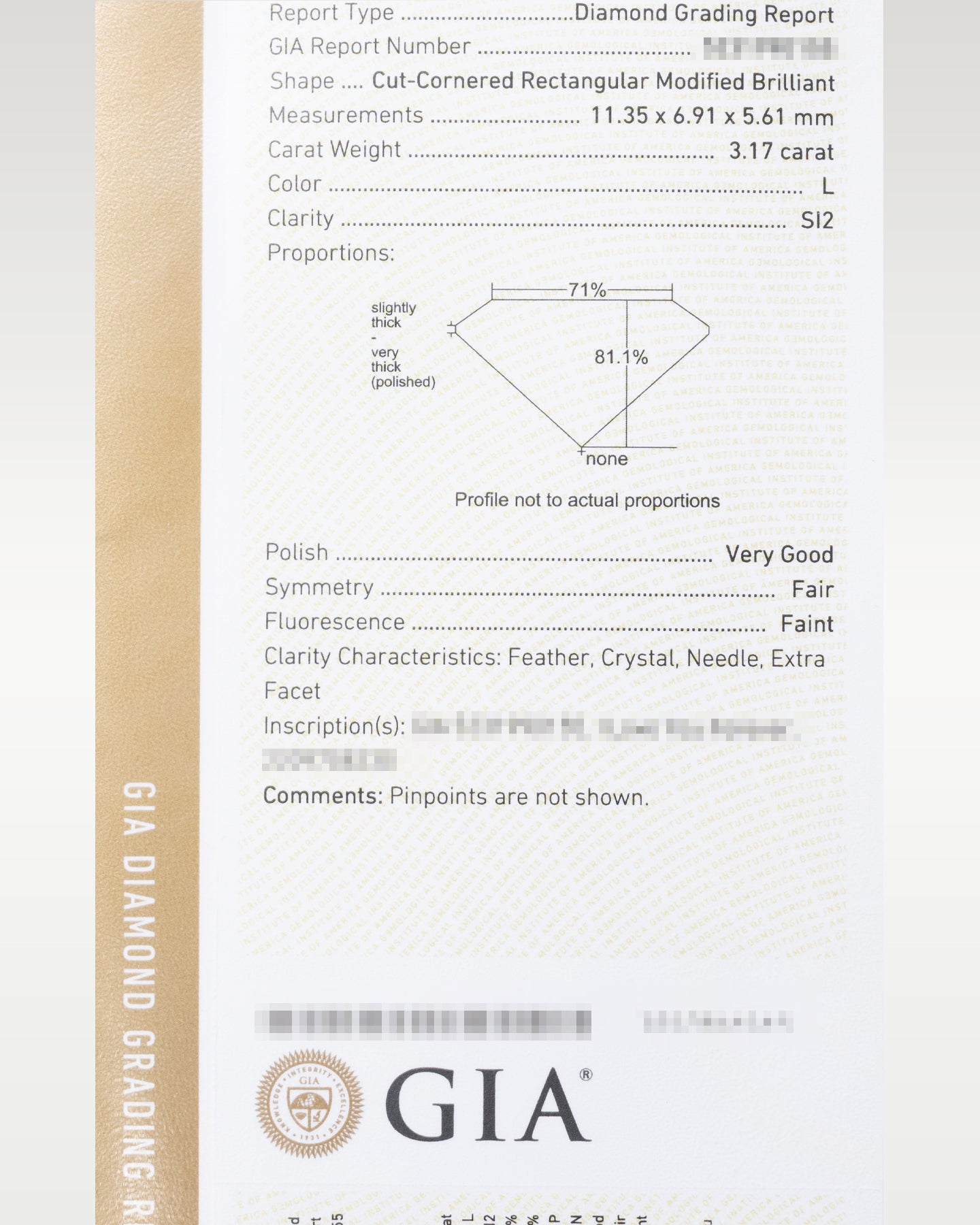 GIA Diamond Grading Report certificate for a 3.17ct L Color SI2 Clarity Cut-Cornered Rectangular Modified Brilliant radiant diamond