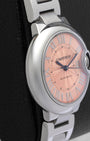 Cartier Ballon Bleu de Cartier watch with a pink guilloche dial Roman numerals and a stainless steel bracelet