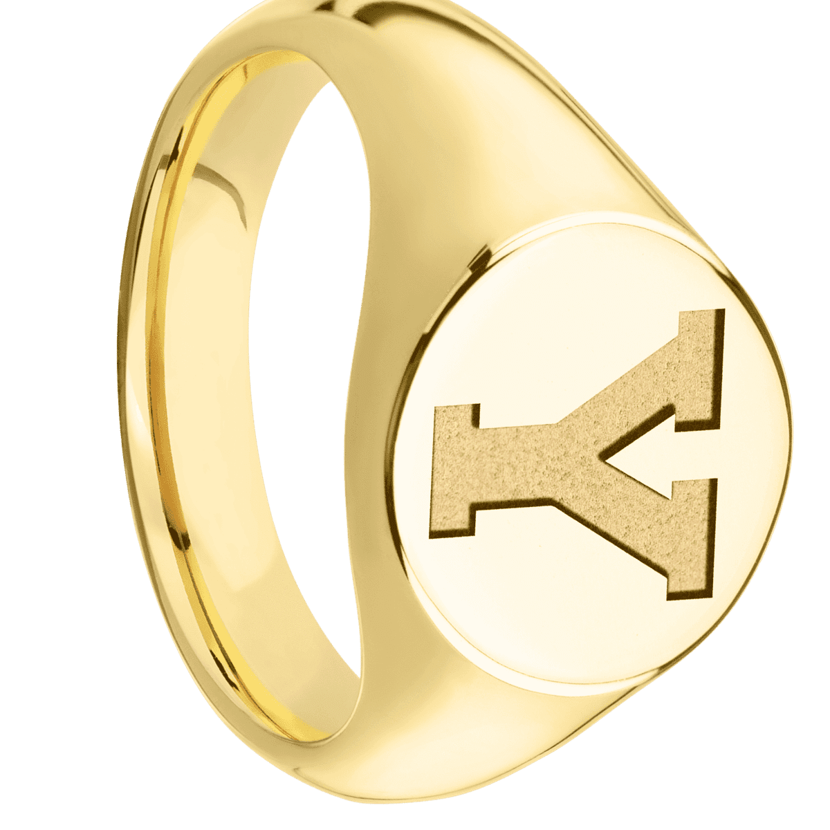 Medium Circle signet ring (14mm) in 14K Yellow Gold, with a Wide style band and a Brigham Young Block Y engraving.