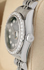 Close-up right profile view of the small ladies' watch head highlighting the custom diamond bezel edge, scratch-resistant sapphire crystal, and fluted steel Twinlock winding crown