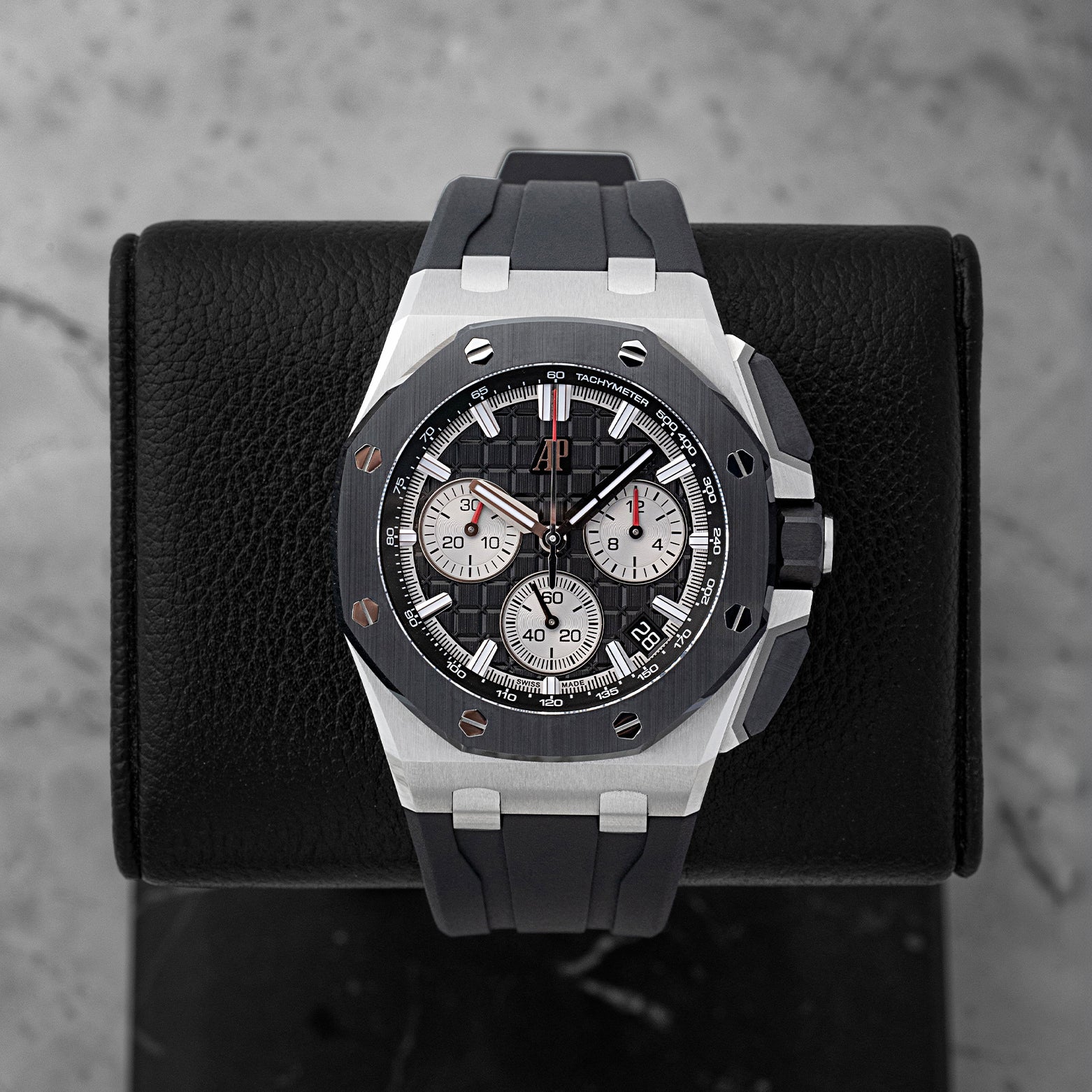 Preowned 2023 Audemars Piguet Royal Oak Offshore 26420SO 43mm steel watch with black ceramic bezel and rubber strap at Noah's Fine Watches Dallas