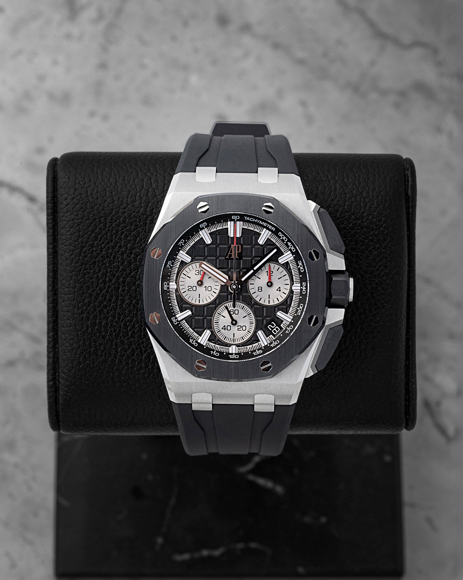 Preowned 2023 Audemars Piguet Royal Oak Offshore 26420SO 43mm steel watch with black ceramic bezel and rubber strap at Noah's Fine Watches Dallas