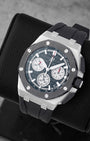 Angled view of AP Royal Oak Offshore 26420SO showing black Méga Tapisserie dial, silver sub-dials, and black ceramic octagonal bezel