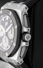 Side profile of AP Royal Oak Offshore 26420SO showing black ceramic screw-locked crown and push-pieces with titanium guards