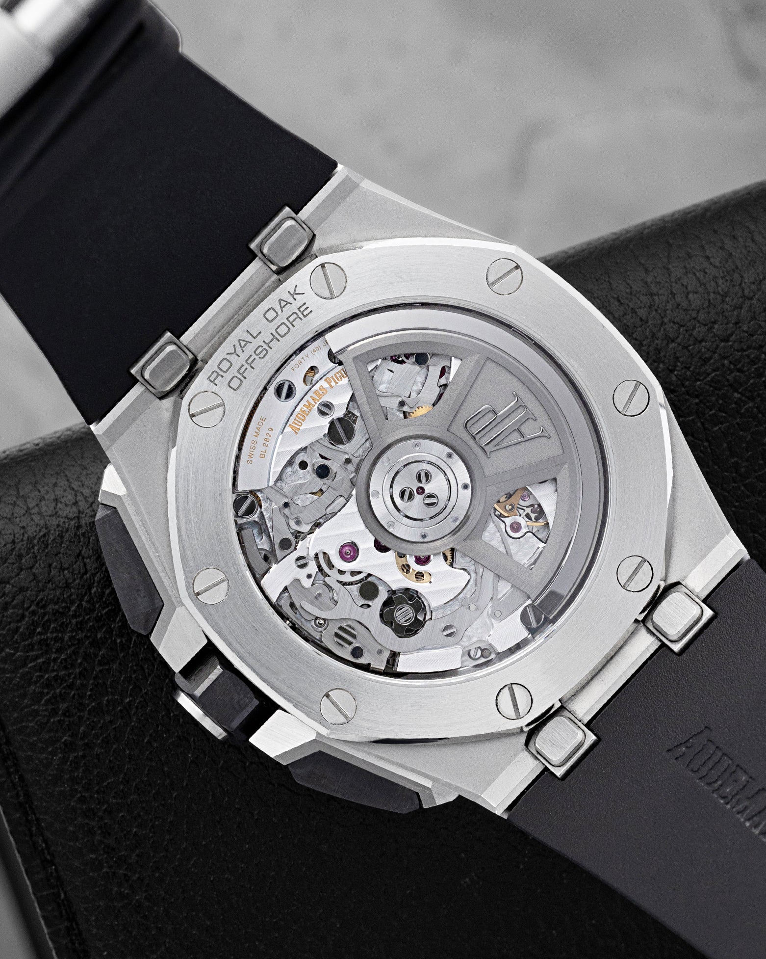 Exhibition sapphire caseback displaying the in-house AP Calibre 4401 automatic flyback chronograph movement