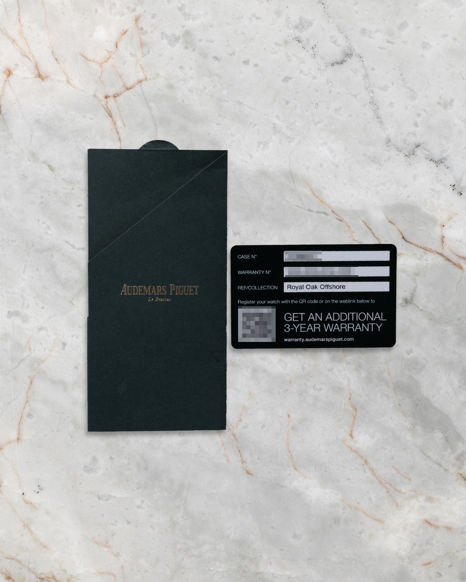 Official 2023 Audemars Piguet guarantee warranty card and black leather holder for Royal Oak Offshore 26420SO