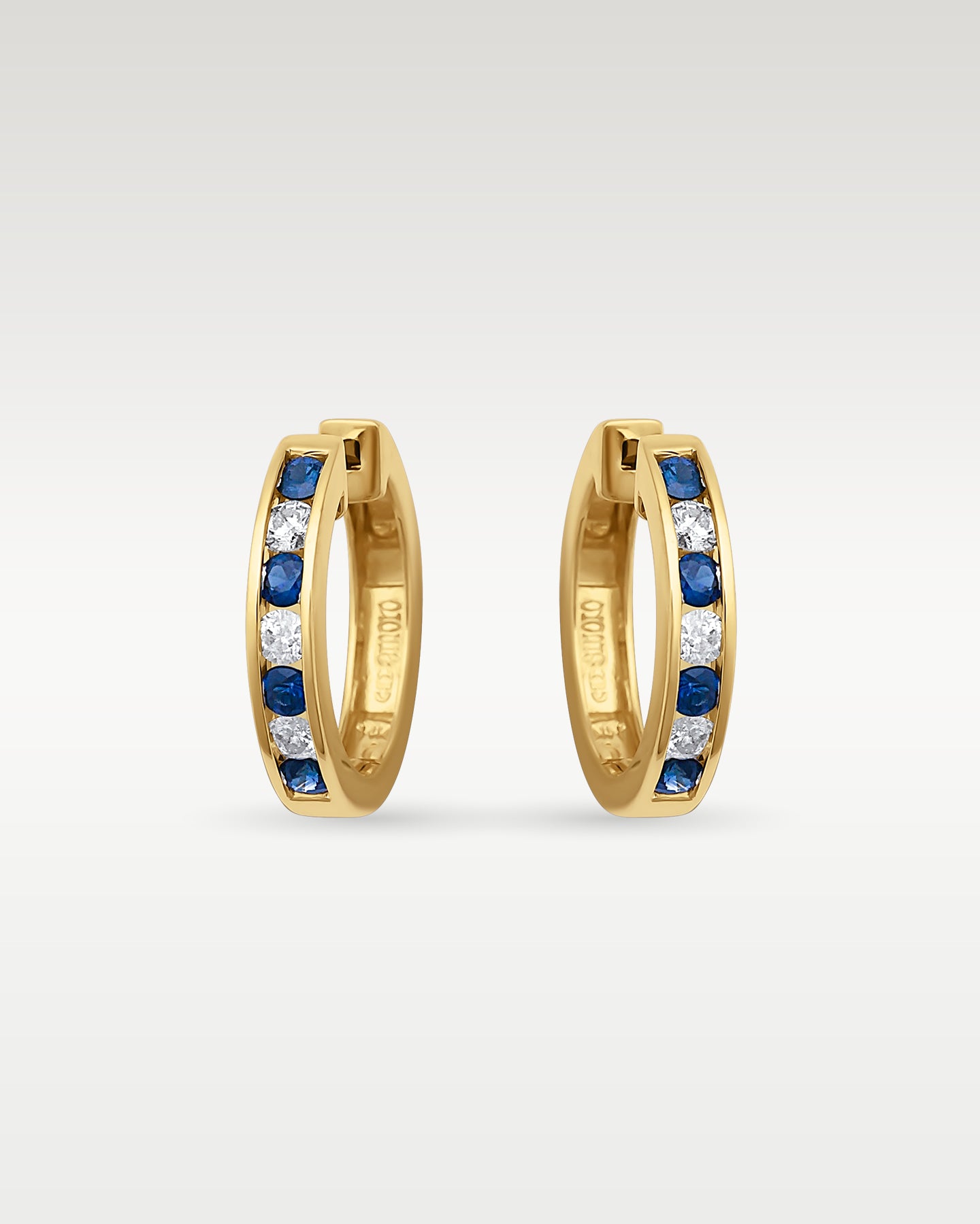 14k Gold Channel-Set Sapphire Diamond Huggies | Noah's Fine Jewelry & Watches