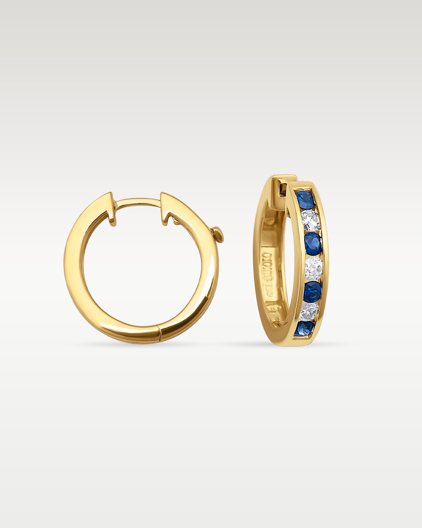 14k Gold Channel-Set Sapphire Diamond Huggies | Noah's Fine Jewelry & Watches
