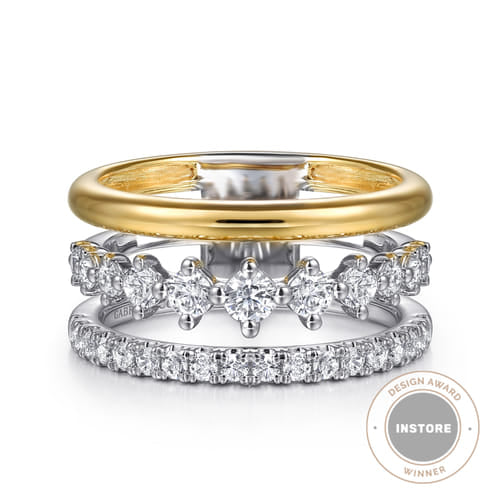 Gabriel & Co. Mixed Gold Three Row Diamond Ring | Noahs Fine Jewelry Dallas