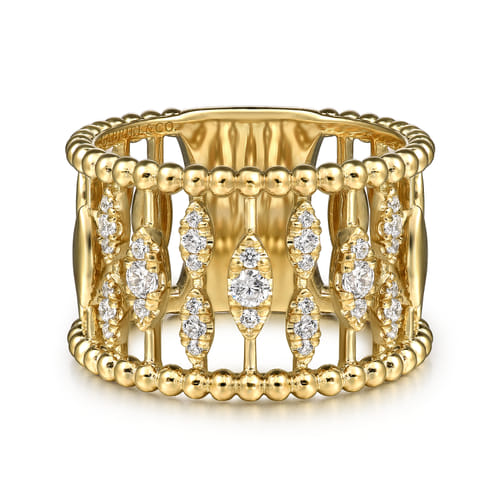Gabriel & Co. 14K Yellow Gold Diamond and Bujukan Beads Wide Band Ring