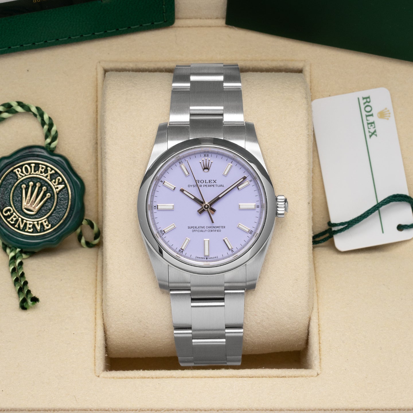 Lavender Rolex Oyster Perpetual 34 124200 | Noahs Fine Watches & Jewelry