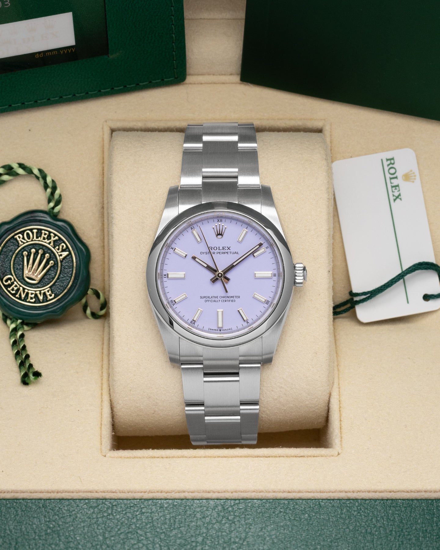 Lavender Rolex Oyster Perpetual 34 124200 | Noahs Fine Watches & Jewelry