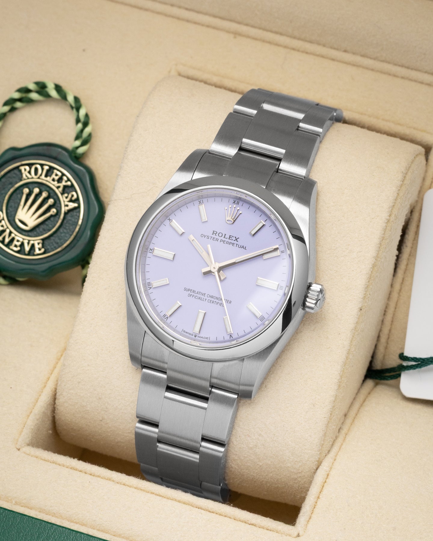 Lavender Rolex Oyster Perpetual 34 124200 | Noahs Fine Watches & Jewelry