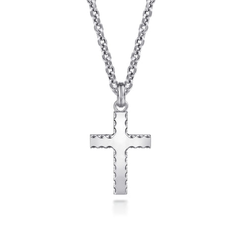 22 Inch 925 Sterling Silver Beveled Trim Cross Pendant Necklace