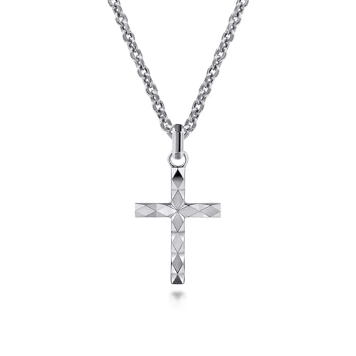 22 Inch 925 Sterling Silver Faceted Cross Pendant Necklace