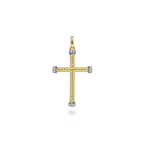 14K Yellow Gold Twisted Rope Cross Pendant with Diamonds