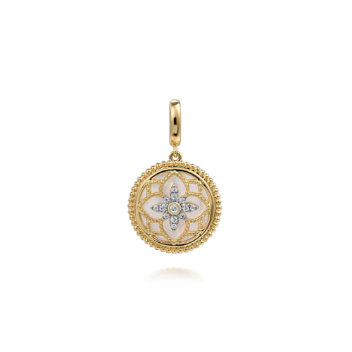 14K Yellow Gold Bujukan Diamond and Mother of Pearl Medallion Pendant in size 18mm With Detachable Bail