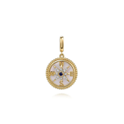 Gabriel & Co. 14K Yellow Gold 18mm Bujukan Diamond Compass & Mother of Pearl Medallion Pendant With Detachable Bail