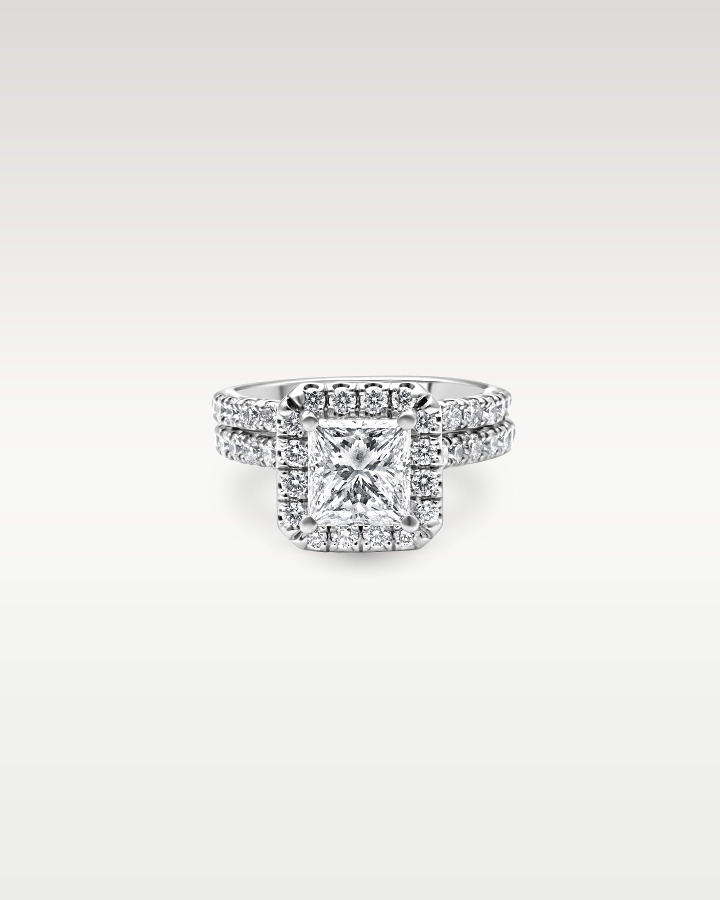 Platinum Princess Cut Halo Diamond Bridal Set | Noah’s Fine Jewelry Dallas