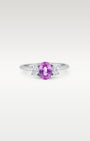 Platinum Three-Stone Pink Sapphire & Diamond Ring | Noah's Fine Jewelry Dallas, Texas