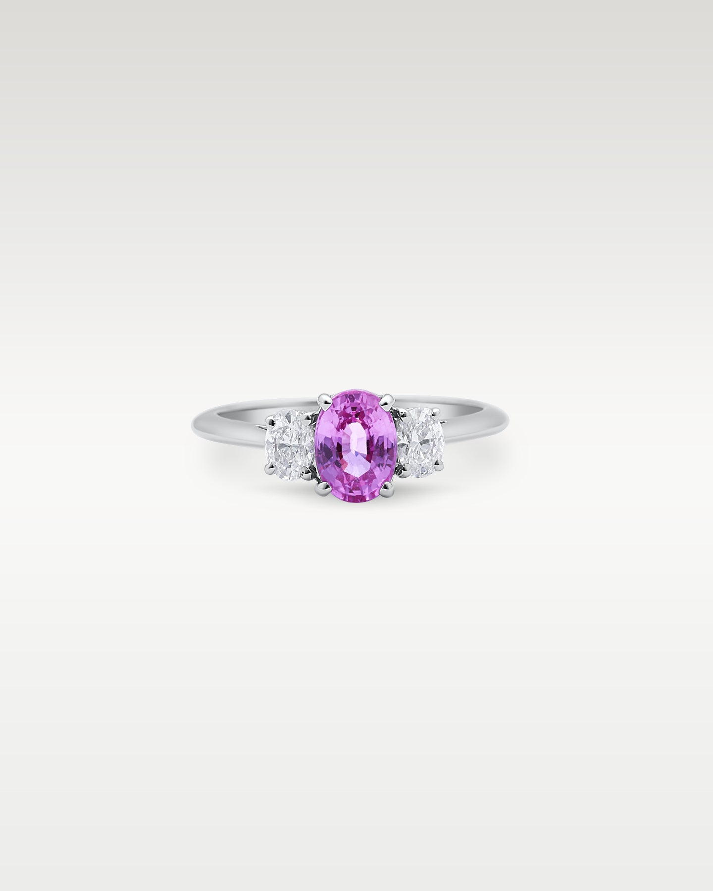 Platinum Three-Stone Pink Sapphire & Diamond Ring | Noah's Fine Jewelry Dallas, Texas
