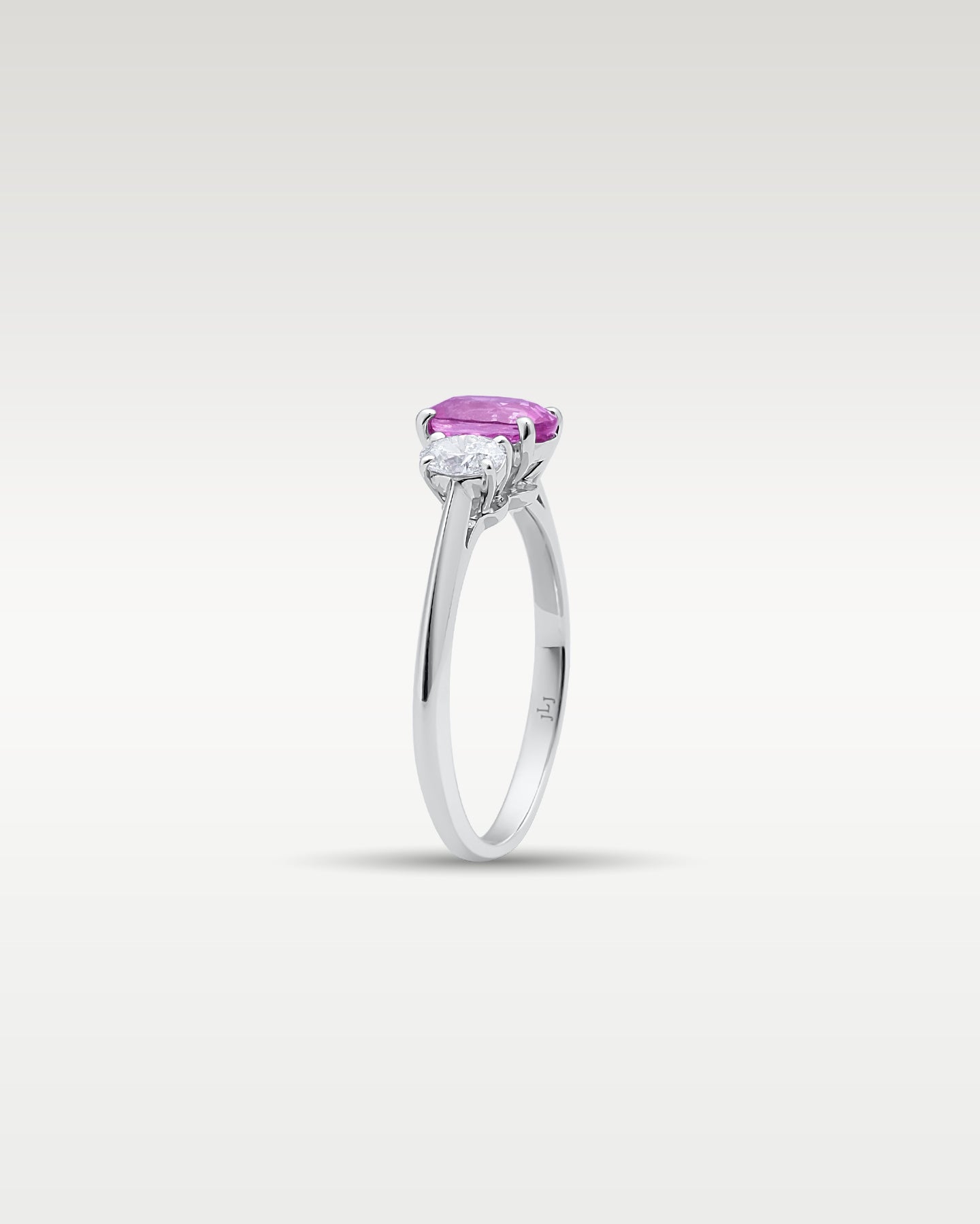 Platinum Three-Stone Pink Sapphire & Diamond Ring | Noah's Fine Jewelry Dallas, Texas