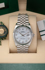 Pre owned 2024 Rolex Datejust 36 126234 white mother of pearl diamond dial with fluted bezel on Jubilee bracelet at Noah's Fine Watches Dallas