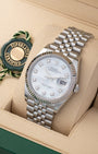 Angled view of Rolex Datejust 36 126234 displaying iridescent white mother of pearl dial, factory diamond hour markers, and fluted bezel