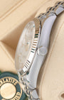 Side profile view of Rolex Datejust 36 126234 showing Twinlock screw-down winding crown and stainless steel case