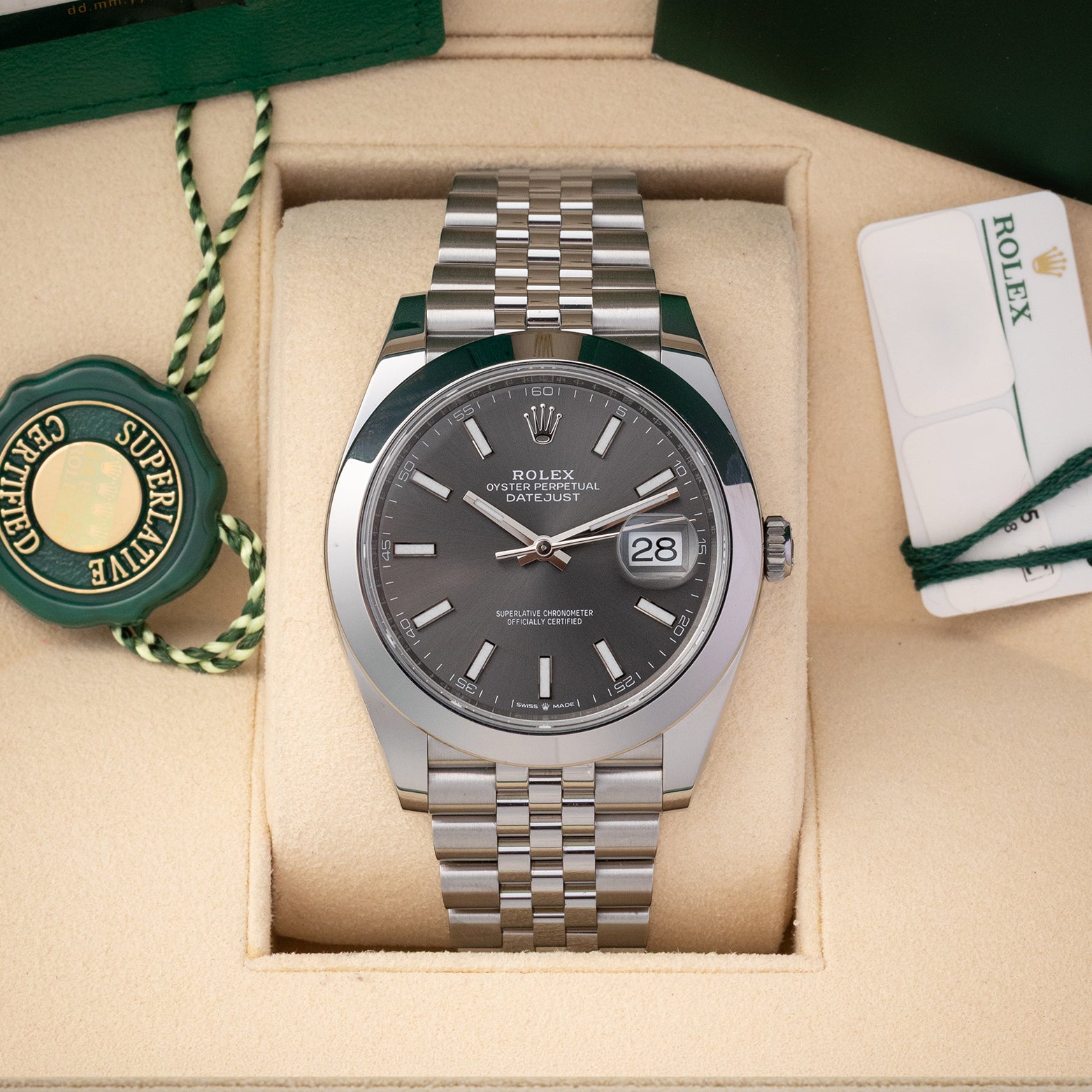 Pre owned 2025 Rolex Datejust 41 126300 slate dial with smooth steel bezel and Jubilee bracelet at Noah's Fine Watches Dallas